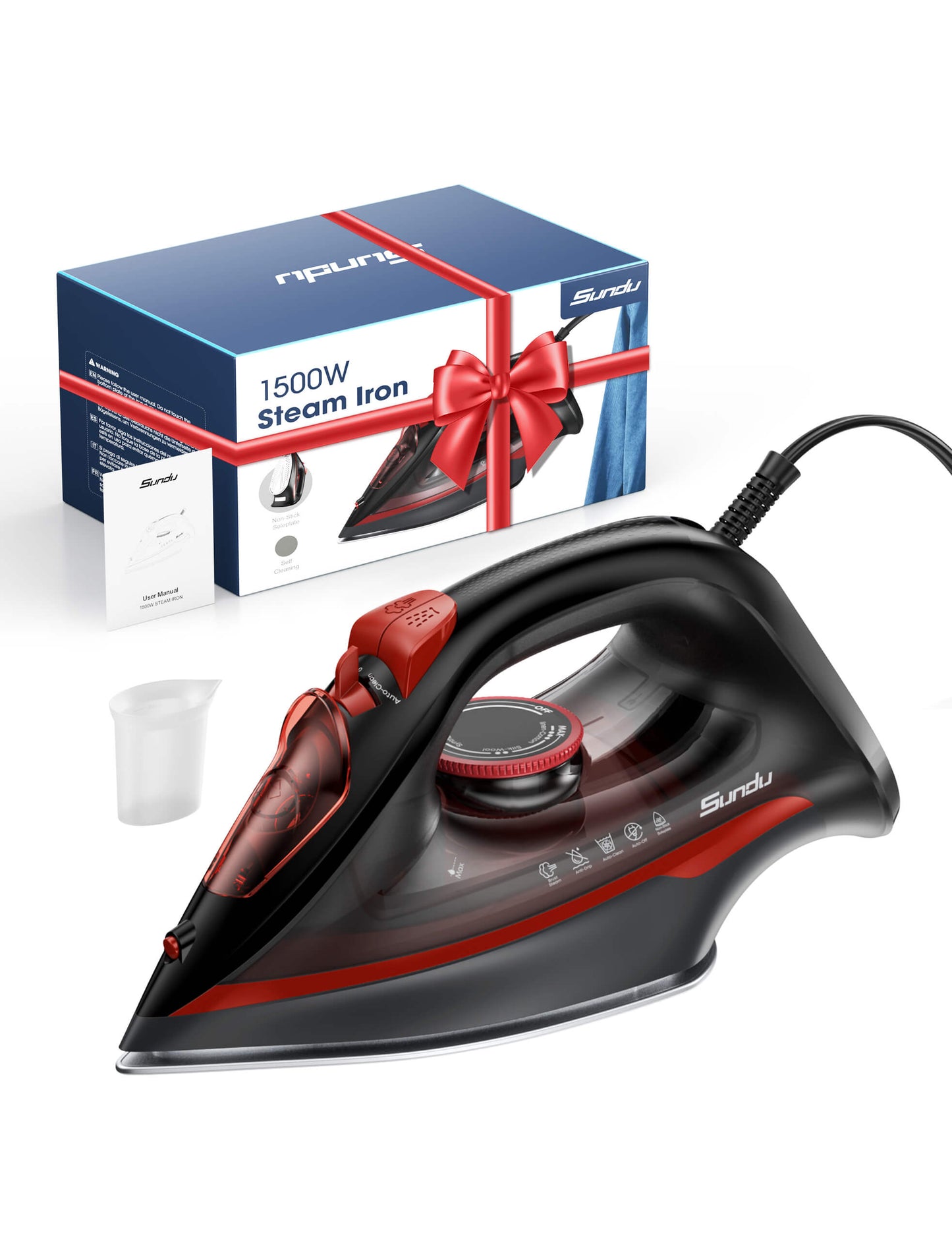 Sundu Red Steam Iron 1500W for Clothes