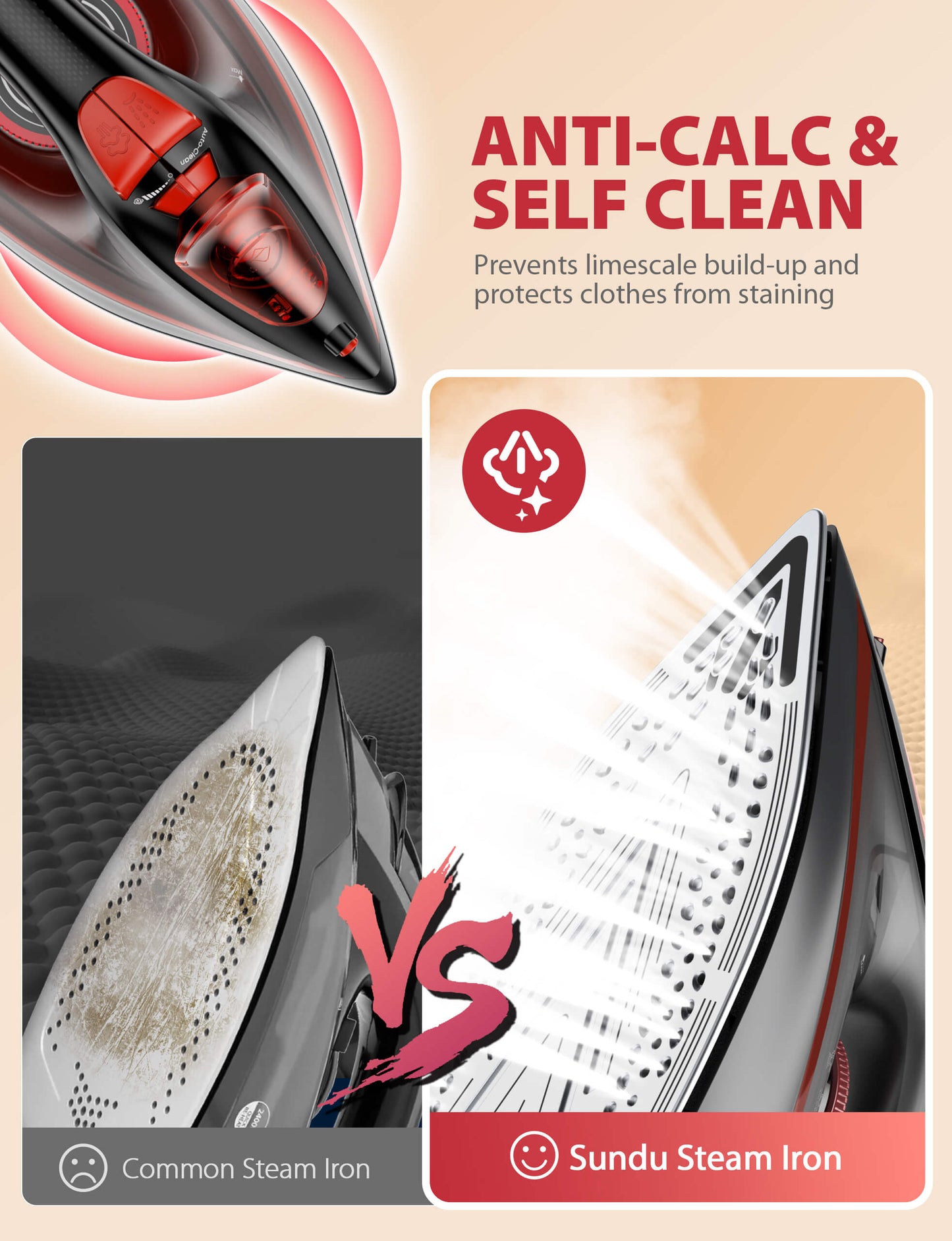 Sundu Red Steam Iron 1500W for Clothes