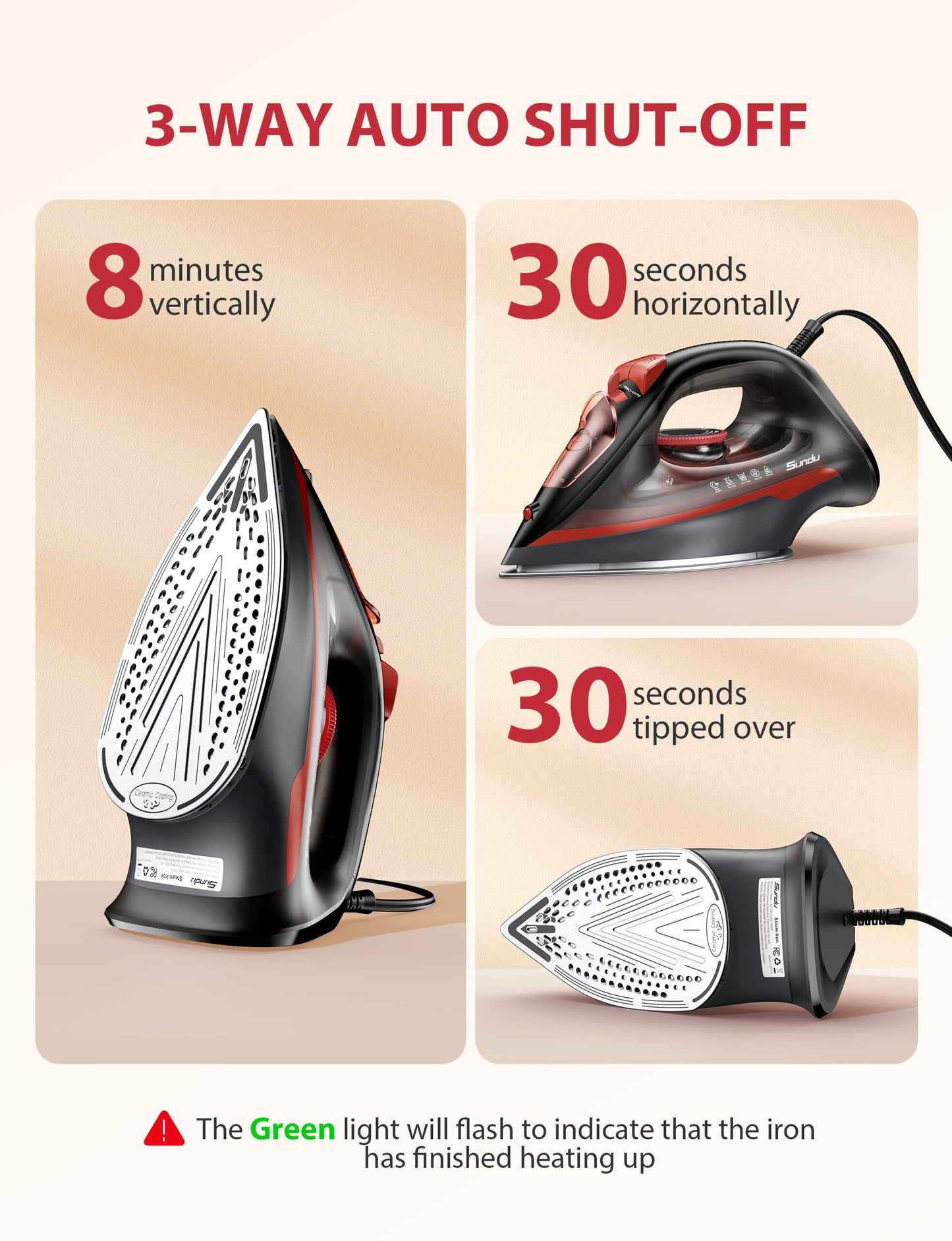 Sundu Red Steam Iron 1500W for Clothes