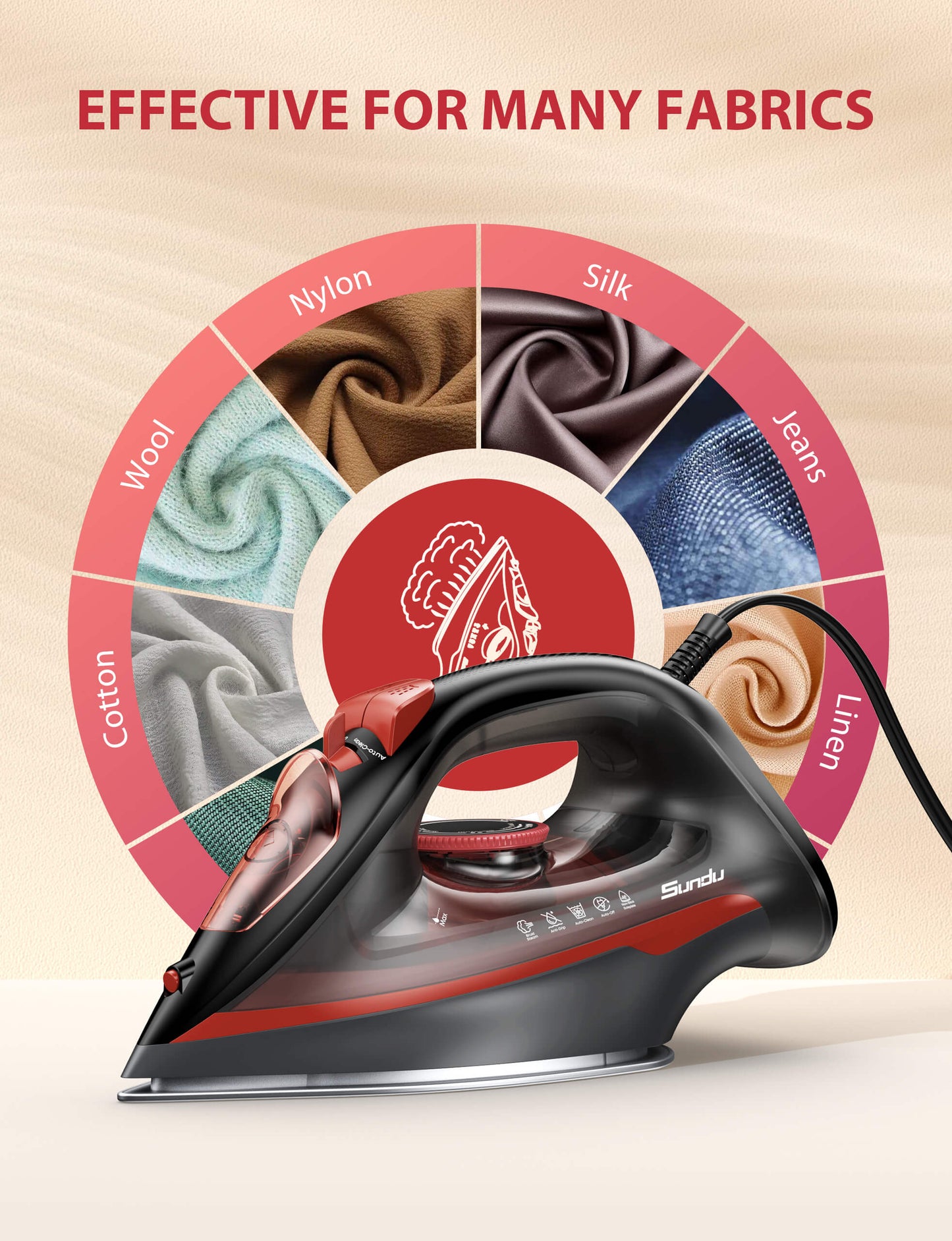 Sundu Red Steam Iron 1500W for Clothes